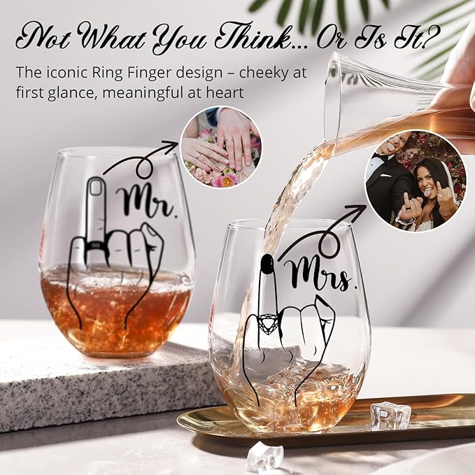 Funny Engagement Gift for Couples – Ring Finger Wine Glasses Set – Cool Bridal Shower/Wedding/Bachelorette Gift for Bride and Groom, Newlyweds, Bridal Shower, Just Married,Mr and Mrs