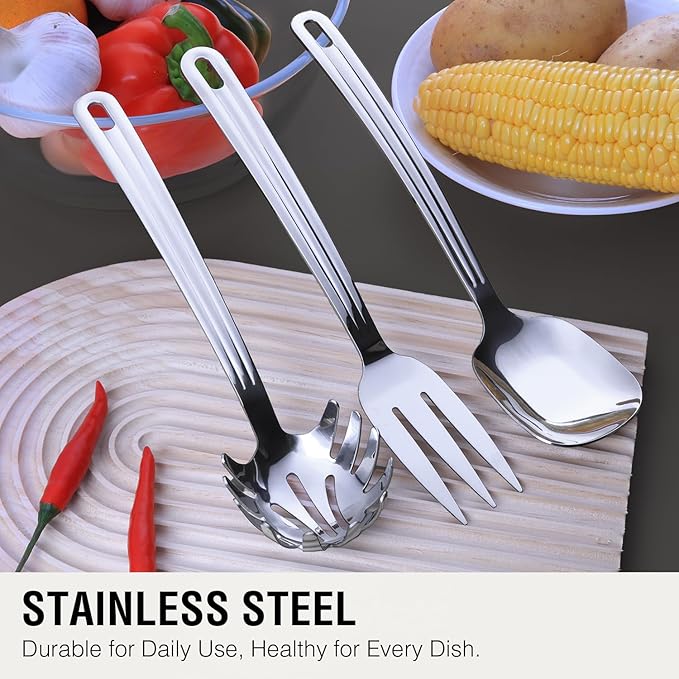 Serving Utensils Set 3PCS, 9" Stainless Steel Heavy Duty Kitchen Utensils Set for Serving with Serving Spoons, Serving Fork, Pasta Fork For Buffet, Wedding, Party