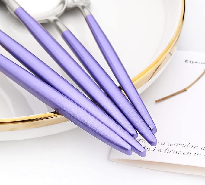 24-piece Snplowum Silver Satin Finished Serving Set, 18/10 Stainless Steel Flatware With Purple Round Hanle For Daily Use Salad Coffee Include Knife/Fork/Spoon, Service For 4 (Purple Silver)