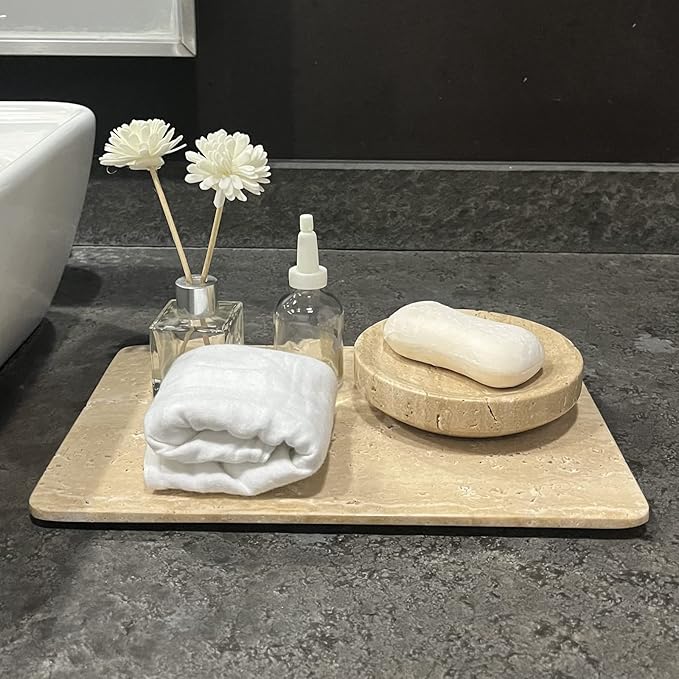Natural Marble Beige Travertine Tray, Pastry Cheese Tray, Dessert Coffee Plate, Double Sided Smooth Marble Slab (Beige Travertine)