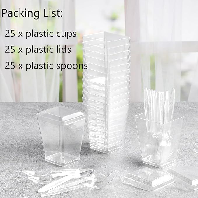 25Pack 5oz Plastic Dessert Cups with Lids and Spoons, Clear Parfait Appetizer Cups for Party, Mini Shooter Serving Cup, Square Dessert Shot Glasses for Tasting