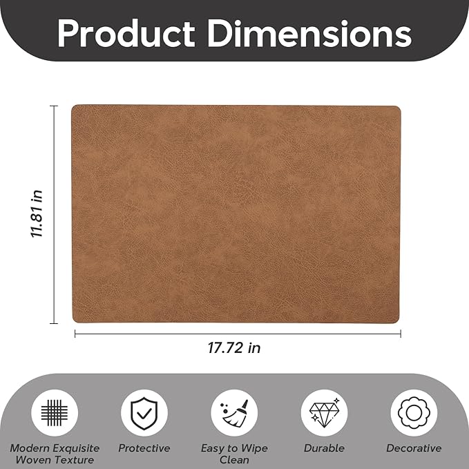 Placemats Set of 4 - Faux Leather 100% Waterproof Oil-Proof Wipeable PU Place Mats, Heat Resistant Reversible Table Mats for Kitchen, Dining, Outdoor (Khaki)