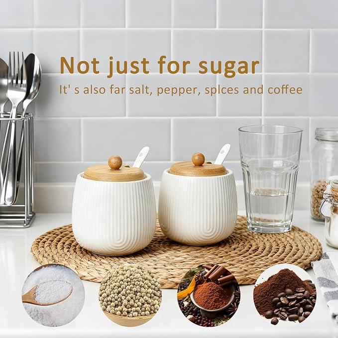 Sugar Bowl Set of 2,Ceramic Sugar Bowl with Lid and Spoon,Sugar Jar Seasoning Container Set for Coffee Bar Kitchen Home (2, White)