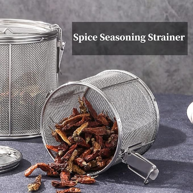 Seasoning Strainer, Stainless Steel Spice Filter, Cooking Spice Filter, Mesh Design Tea Ball Strainer Soup Seasonings Seperation Basket Filter with Chain Hook for Home Restaurant (10 * 10cmLarge Size)