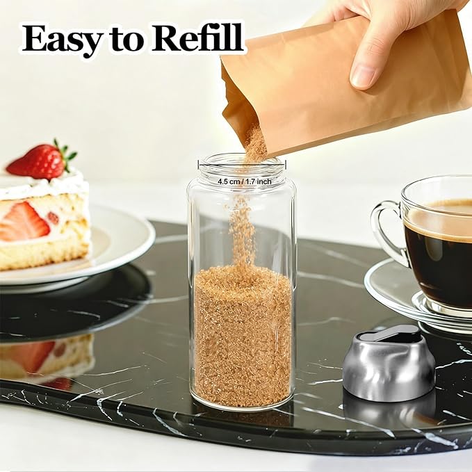 Glass Sugar Dispenser Shaker Set for Coffee, Tea, Milk, 14 OZ, (2 Pack)