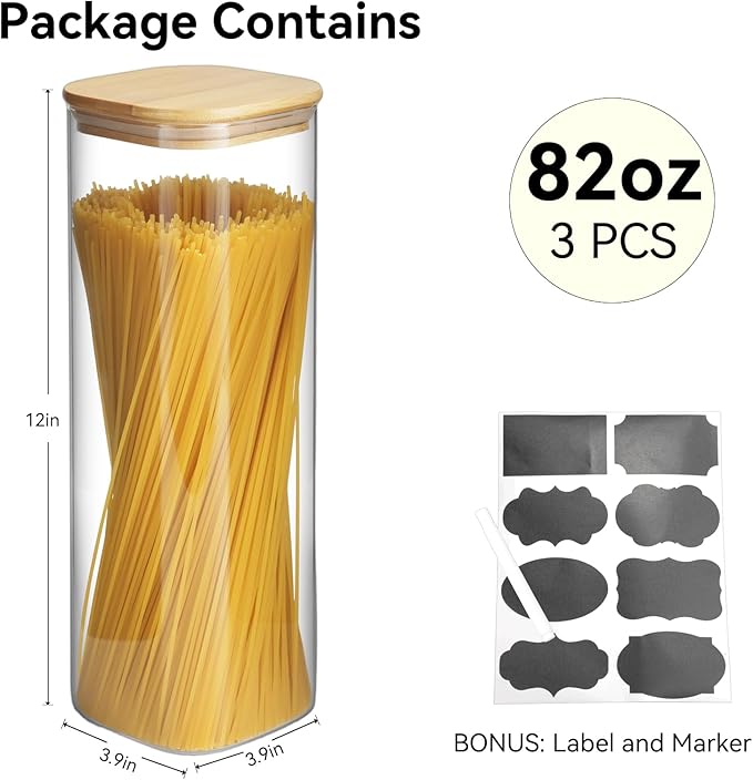82 Oz Glass Storage Containers with Bamboo Lids, Square Glass Canister Sets Clear Glass Pantry Storage Containers with Lids for Cookie Flour Oat Pasta Tea Coffee Bean, Set of 3