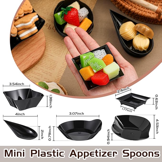 Tessco for you 100 Pcs Mini Appetizer Plates Set, Disposable Dessert Plates Assorted Shape Mini Plastic Spoons for Wedding Party Birthday (Black)