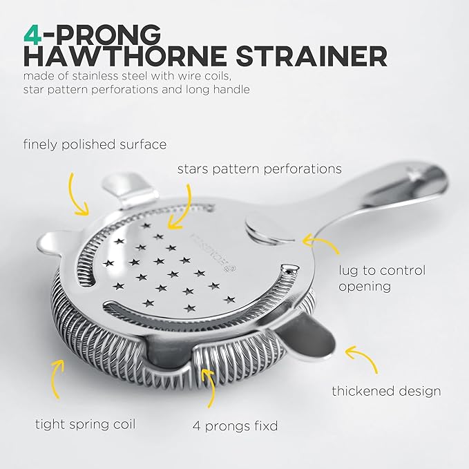 Homestia Cocktail Strainer Set – Bar tools Stainless Steel Includes Hawthorne Strainer, Julep & Fine Mesh Cocktail Strainers, Mixing Spoon – Drink Shaker Strainer for Bartending (5 Pieces, Silver)