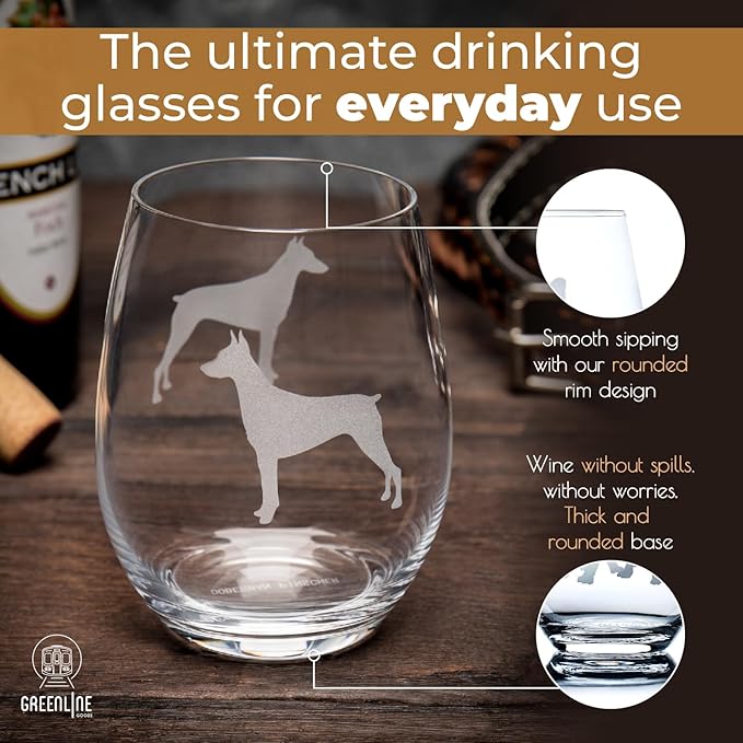 Doberman Stemless Wine Glasses (Set of 2) | Unique Gift for Dog Lovers | Hand Etched with Breed Name on Bottom