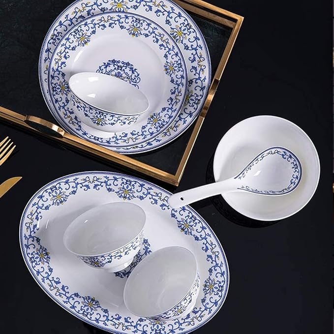 Ceramics Dinner Sets, 58 Pieces Dinnerware Set Blue and White Porcelain Style Bowl/Spoon/Plate - Family Party and Kitchen Restaurant
