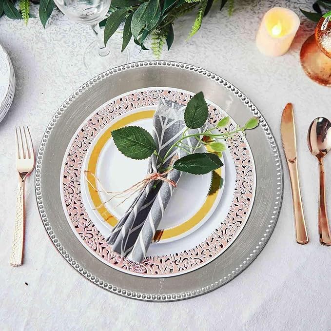 13" Charger Plates -Set of 12 - Acrylic Silver Round Beaded Disposable Chargers, Ideal for Dinner Party Wedding Bulk Events Tabletop Decoration