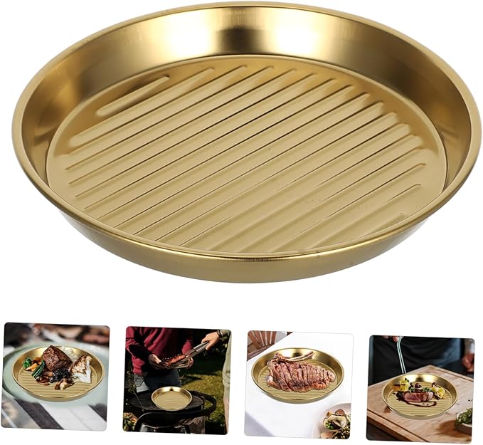 Mobestech Golden Stainless Steel Steak Plate Round Serving Tray for Seafood and Snacks Elegant Design for Family Meals and Outdoor Bbqs and Portable Dinner Plates