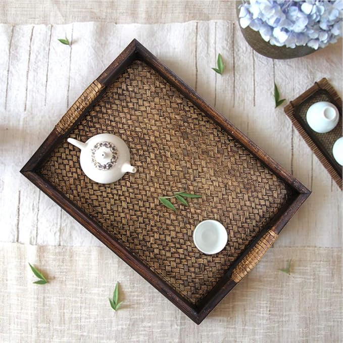 Woven Rattan Rectangle Serving Tray, 9 in Hand Woven Rattan Serving Tray Hand-Made with Raised Handles and Wood on All Sides Decorative for Dining Coffee Table Tea Party
