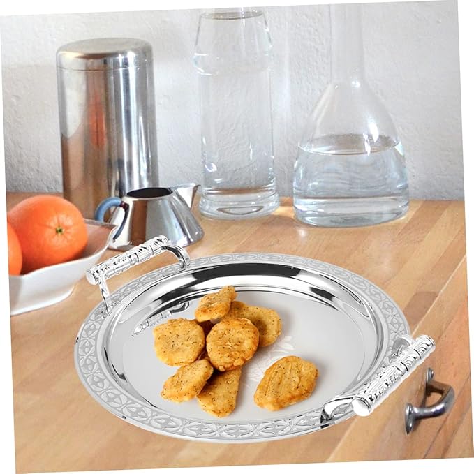 European Style Round Serving Tray Elegant Snack Plate for Fruits Desserts and Treats Multi-Functional Dish for Home and Events Silver Pattern Design