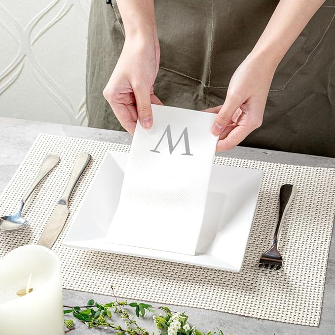 Luxenap 15.8 X 7.9 Inch Linen-Feel Guest Towels, 50 Lettered Hand Towels - Silver Letter 'W', Sans Serif Font, White Paper Dinner Napkins, airlaid, For Restrooms And Tables - Restaurantware