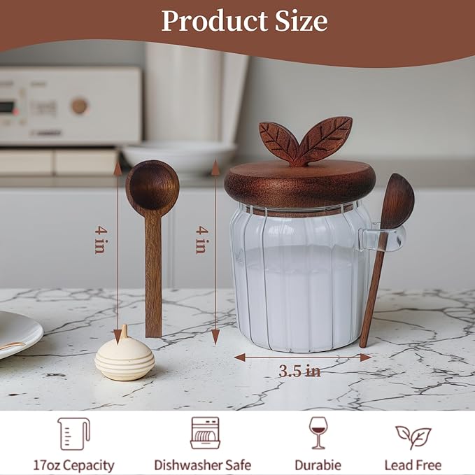 Sugar Bowl with Lid and Spoon,17 oz Sugar Container for Coffee Bar, Glass Coffee Canister, Airtight Food Storage Jar, Brown Sugar Container, Cereal Tea Salts Spice Jar