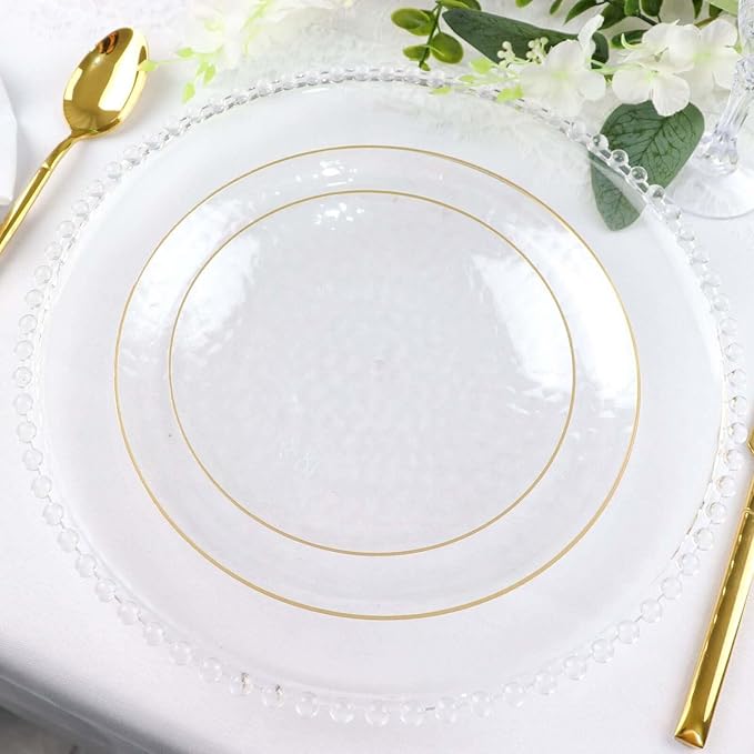 Efavormart 10 Pack | Clear Hammered 7" Round Plastic Dessert Appetizer Plates With Gold Rim, Disposable Salad Party Plate