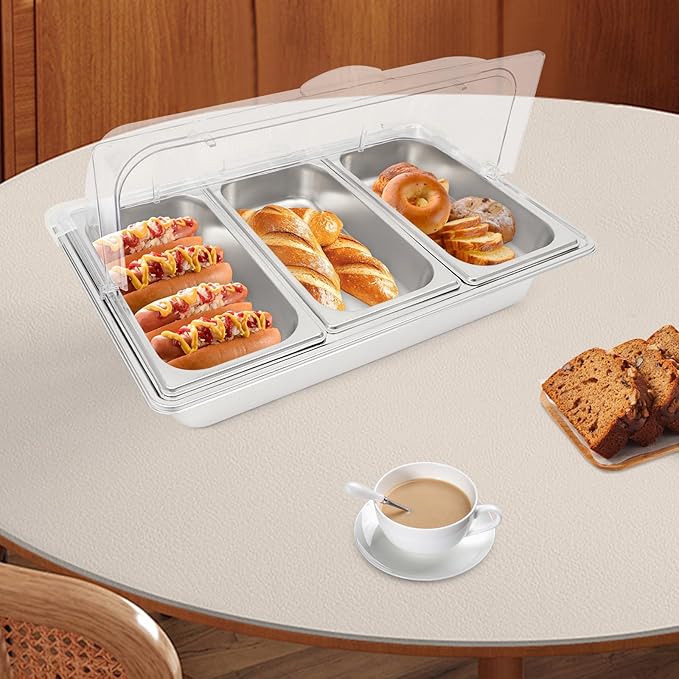 3 Pan Stainless Steel Food Serving Tray, Countertop Food Serving Display Container with Clear Roll Top Cover & Buckles, Buffet Food Display Container for Buffets, Parties, Hotels, Weddings