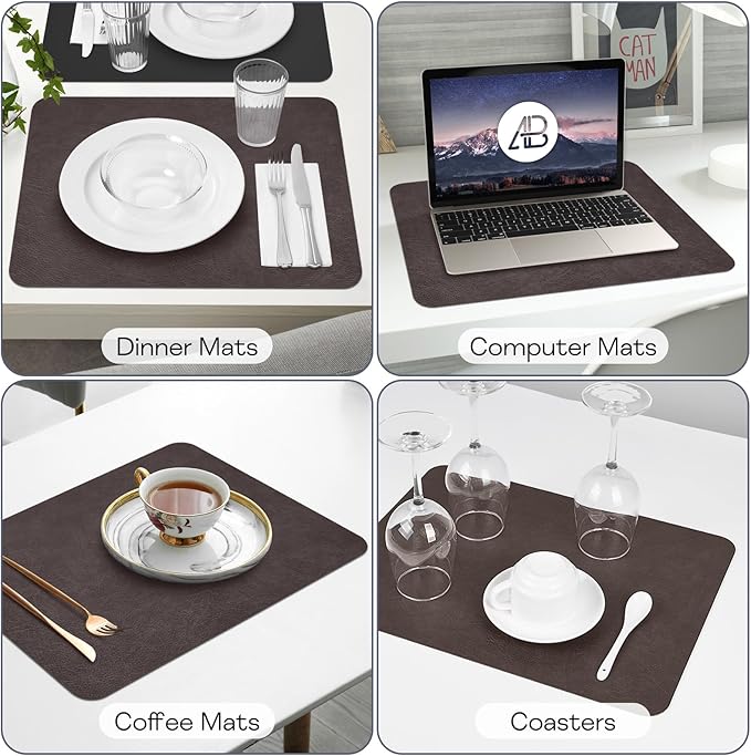 Faux Leather Placemats Set of 6, Vinyl Placemats Wipeable Waterproof Oil-Proof Table Mats, Heat Resistant Place Mats for Kitchen Indoor Outdoor, 16.9 x 11.8 Inch (Choco Brown/Black)