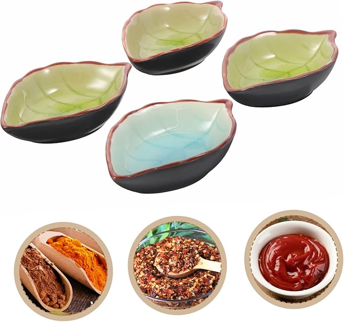 4Pcs Leaf Shape Ceramic Appetizer Plates Random Pattern Snack Dipping Bowls Versatile Serving Dishes for Fruits Nuts and Condiments for Restaurants and Home Use