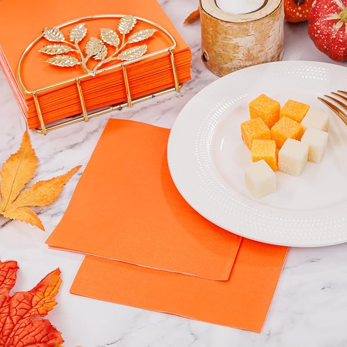 FLOWERCAT 100-Count 2-Ply Orange Napkins -Orange Cocktail Napkins Disposable Premium Quality - 5" x 5" Fall Paper Napkins for New Year Party,Fall,Bar,Weddings