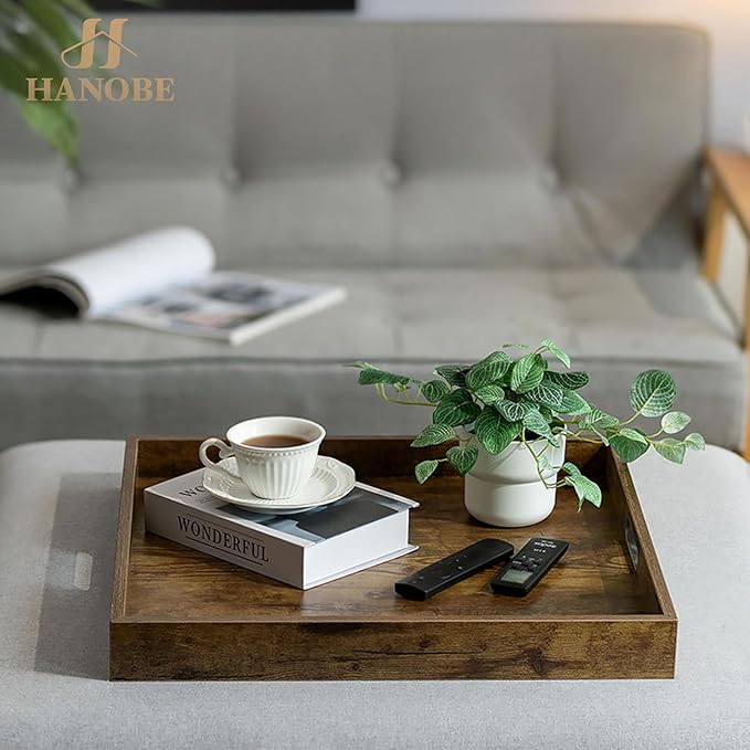 Hanobe Serving Tray for Ottoman Large: Rustic Brown Coffee Table Trays 20 Inch Square with Handles for Living Room - Farmhouse Extra Oversized Wood Decorative Topper for Kitchen Parties