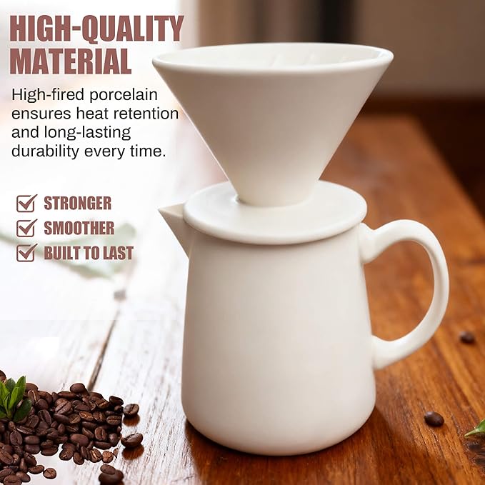 Ceramic Pour Over Coffee Maker Dripper - Uses Standard #2 & #4 Paper Filters, 450ml/15oz, White, Barista Style for Home & Office