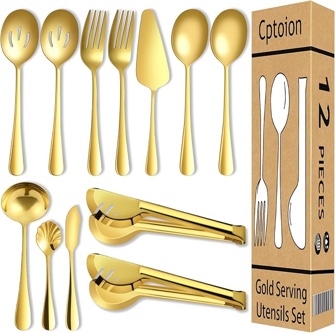 Gold Serving Utensils,12 Pcs Stainless Steel Serving Utensils Set with Slotted Spoons,Serving Spoons,Forks,Tongs,Butter Knife,Soup Ladle,Pie Server,Buffet Serving Utensils for Parties Wedding
