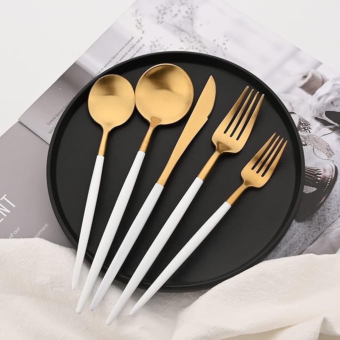 Flatware Set 18/10 Stainless Steel Matte White Handle Gold - Kitchen Utensil Serving Set of Dinner Fork Knife Spoons Salad Fork Dessert Spoon,20 Piece, Service for 4 (White + Gold)