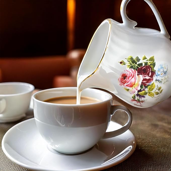 Sugar and Creamer Set - Porcelain Sugar and Creamer Vintage Tea Set with Gold Trims & Embossed Swirls - Exquisite Fine China Tea Set for Parties & Celebrations - Philomena set by Lynns
