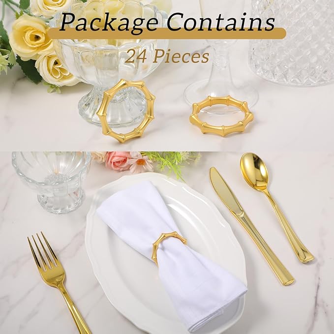 Napkin Rings Set of 24 Bamboo Knuckles Style Gold Napkin Holder Ring for Table Decoration, Wedding, Family Dinner, Party, Christmas, Thanksgiving Day, Birthday