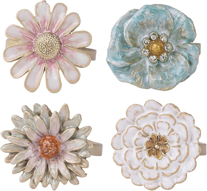 NIKKY HOME 4 Pcs Napkin Rings, Flower Napkin Buckles Rhinestone Bling Round Napkin Holders for Wedding Banquet Home Party Decoration Dining Table Accessory