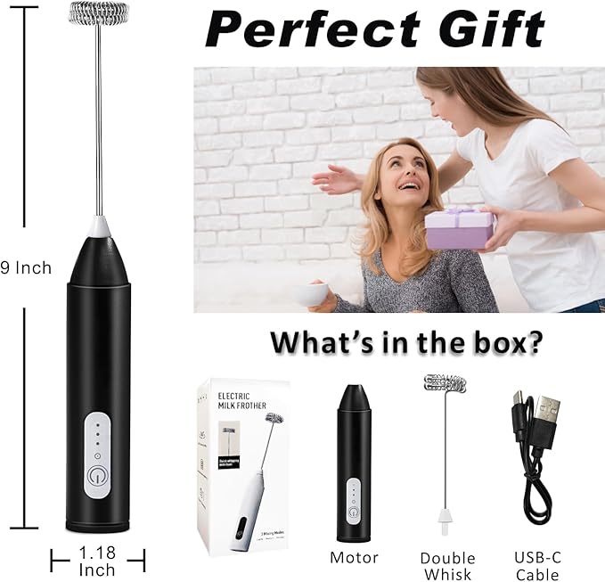 Rechargeable Milk Frother, Handheld Drink Mixer Electric Foam Maker for Coffee with Stainless Steel Whisk ＆ 3 Speeds, USB-C Coffee Frother Wand for Cappuccino, Latte, Matcha, Protein Powder (Black)