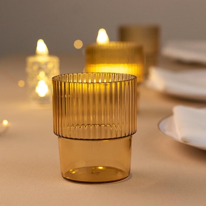 TCF Linen 12 Pack Amber Gold Plastic Tumblers, 7oz Stackable Ribbed Reusable Shatterproof Short Drinking Glasses, Elegant Origami Design for Weddings Parties Catering Cocktails