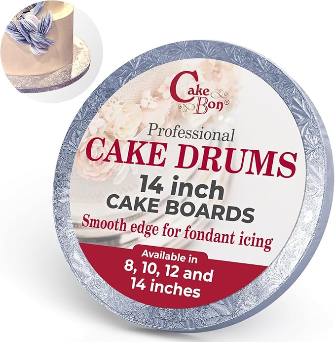 Cakebon Round Cake Boards - Sturdy 1/2 Inch Thick Drums - 14 Inch Professional Smooth Straight Edges Silver 12-Pack