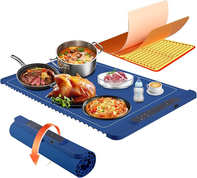 Food Warming Mat - Electric Warming Tray for Buffets Party and Home Daily Use,10H Timer, Child Lock, Auto Shut-Off Portable Silicone Heat Pad for Travel & Dining, Blue