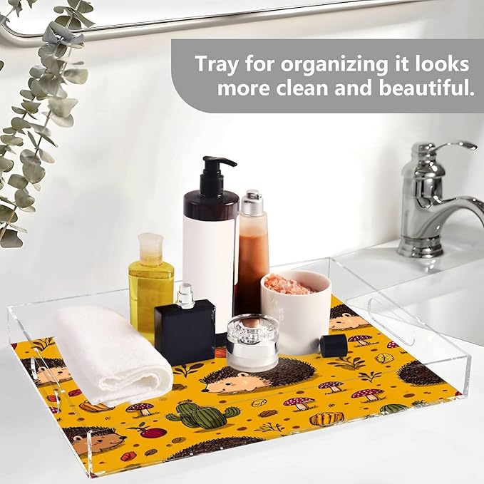 Serving Tray with Handles Clear Acrylic Tray 12x16 Inch Decorative Rectangular Tray Organizer for Ottoman Coffee Table Bathroom Hedgehogs Cactus Orange