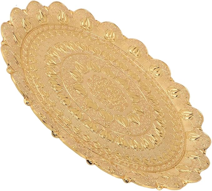 Turkish Tea Coffee Serving Tray, Vintage Style Round Coffee Plate, Embossed Pattern Metal Tray for Bar Outdoor Dresser Dessert, Multi Purpose Serving Tray for Coffee Tea Jewelry Co (Gold)