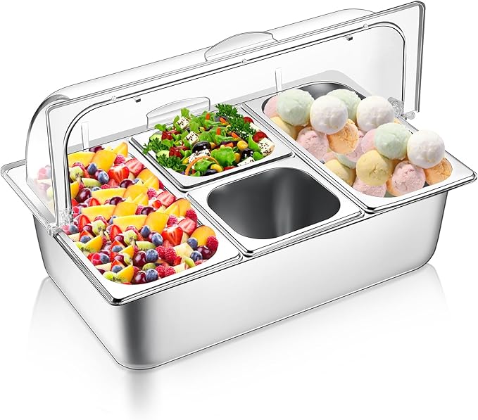 4 Pans Countertop Ice Food Serving Display Container and Clear Roll Top Cover Stainless Steel Condiment Dispenser Serving Tray Salad Bar Buffet Station for Restaurant Hotel Kitchen Party