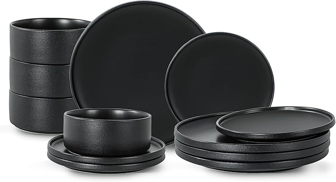 Plates and Bowls Sets, 12 Piece Ceramic Dinnerware Set for Family and Gatherings, Dishes Set for 4, Dishwasher & Microwave Safe, Handcrafted Stoneware Sets, Modern Black