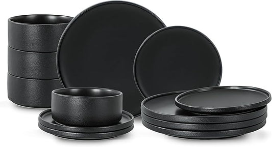 Plates and Bowls Sets, 12 Piece Ceramic Dinnerware Set for Family and Gatherings, Dishes Set for 4, Dishwasher & Microwave Safe, Handcrafted Stoneware Sets, Modern Black