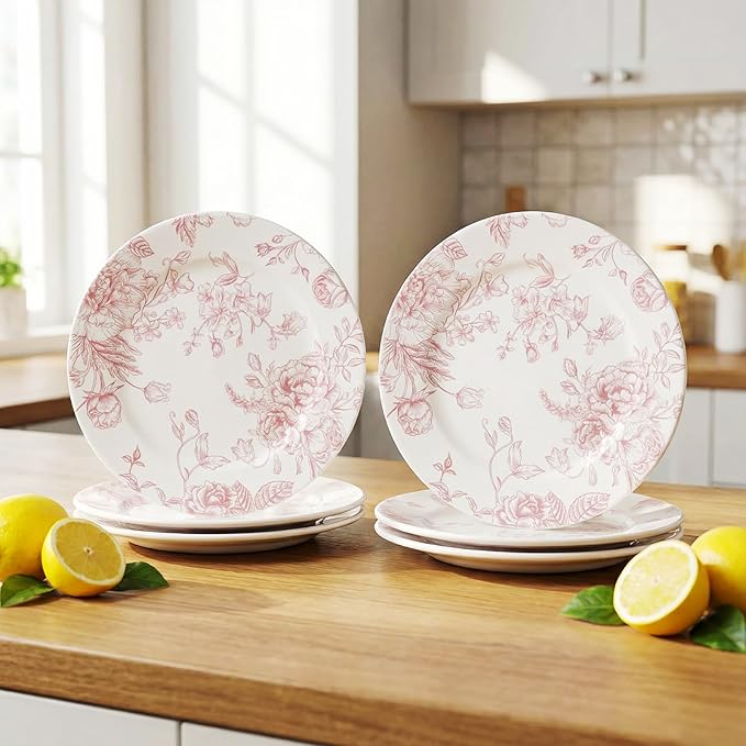 Honeydak 6 Pcs 6 Inch Pink Floral Flower Ceramic Plates Pink and White Porcelain Salad Serving Plate Vintage Dinner Appetizer Dessert Dishes Tableware for Wedding Birthday Tea Party Table Supplies