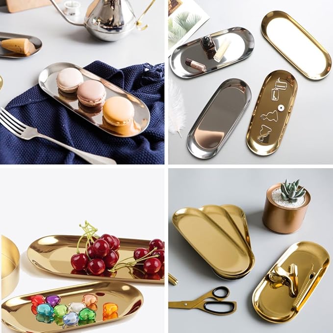 Stainless Steel Decorative Tray, Set of 2, 9 Inch Long, Jewelry Dish Cosmetics Organizer Bathroom Clutter Serving Platter Small Storage Tray, Oval, Gold