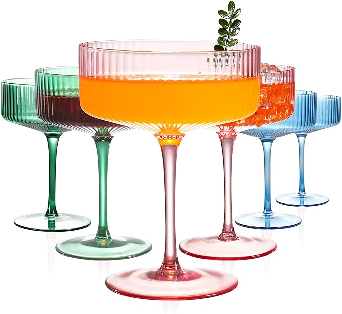 FERAHI 6 Pcs Ribbed Coupe Glasses, 10 oz Vintage Martini Glasses Set, Cute Espresso Martini Glass & Champagne Coupe Glass, Elegant Bar Glassware for Cocktails, Wine, Outdoor Entertaining & Gifts