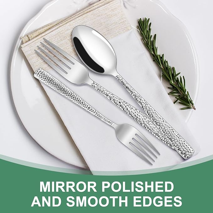 Hammered Silverware Set, 40-Piece Stainless Steel Wave Flatware Set for 8, Food-Grade Tableware Cutlery Set, Utensil Sets for Home Restaurant, Mirror Finish, Dishwasher Safe
