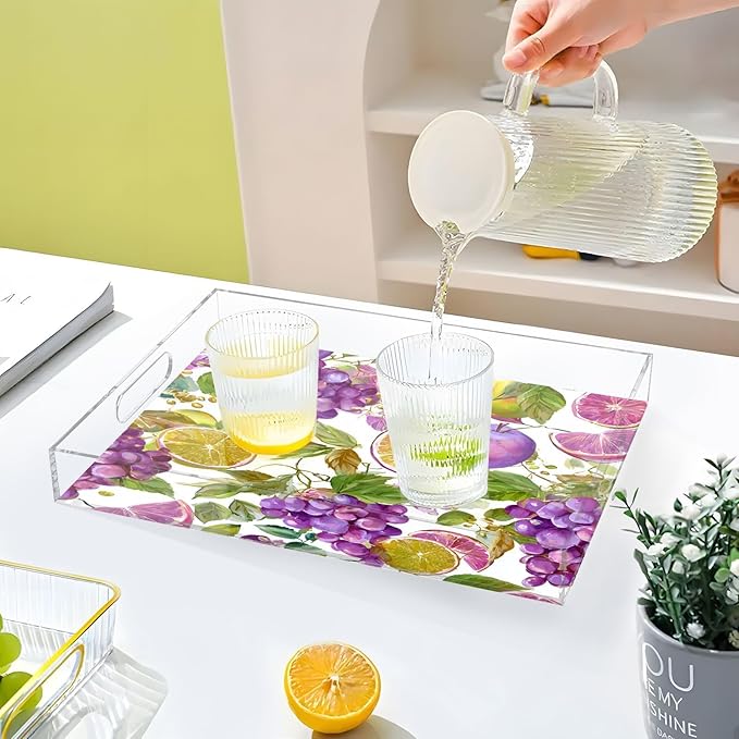 Serving Tray with Handles Clear Acrylic Tray 12x16 Inch Decorative Rectangular Tray Organizer for Ottoman Coffee Table Bathroom Purple Grapes with Leaves and Fig