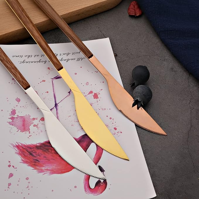 Korean Style Wood Flatware Stainless Steel Fork/Spoon/Knife/Teaspoon with Wooden Square Handle Cutlery Set of 4 Dinnerware for Home, Kitchen, Restaurant, Gift - Silver