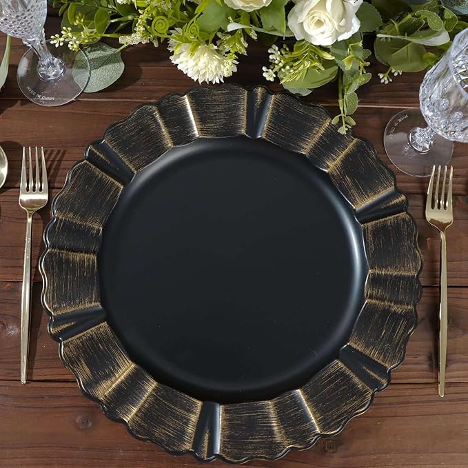 Efavormart Set of 6-13" Round - Black Plastic Charger Plates With Waved Scalloped Rim for Wedding, Outdoor Receptions, Banquets, Holiday Dinner plates Chargers