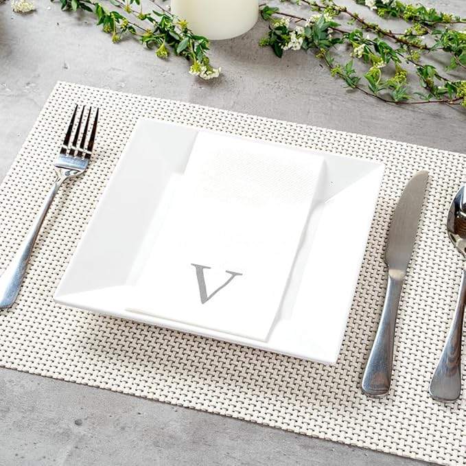 Luxenap 15.8 X 7.9 Inch Linen-Feel Guest Towels, 2000 Lettered Hand Towels - Silver Letter 'V', Sans Serif Font, White Paper Dinner Napkins, airlaid, For Restrooms And Tables - Restaurantware