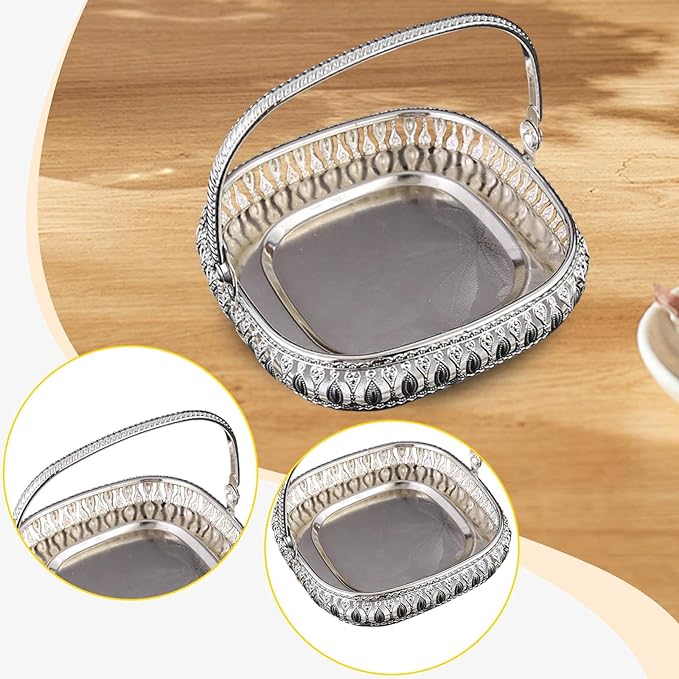 Retro Square Fruit Tray with Handle, Candy Serving Plate, Dry Nut Dish, Snack Dessert Storage Plate, Decorative Fruit Bowl for Parties, Family Gatherings, Bars and Cafes